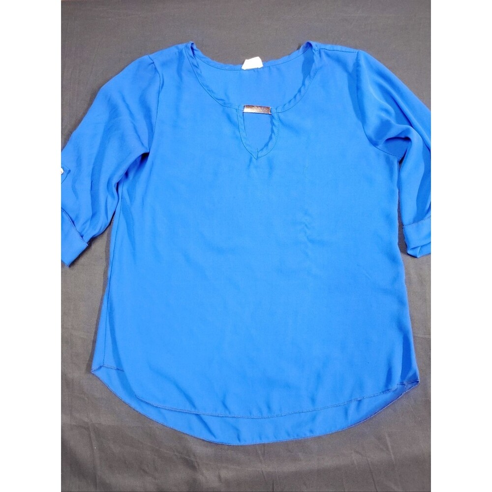Tovia Women’s Royal Blue Blouse with Keyhole Notch Neck with Silver Metal Accent